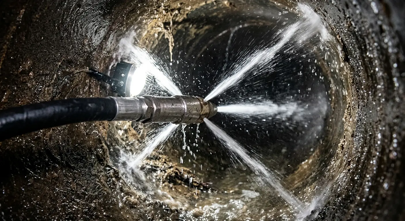 High-pressure hydro jetting nozzle cleaning sewer pipe for Sewer Line Relining in Manlius