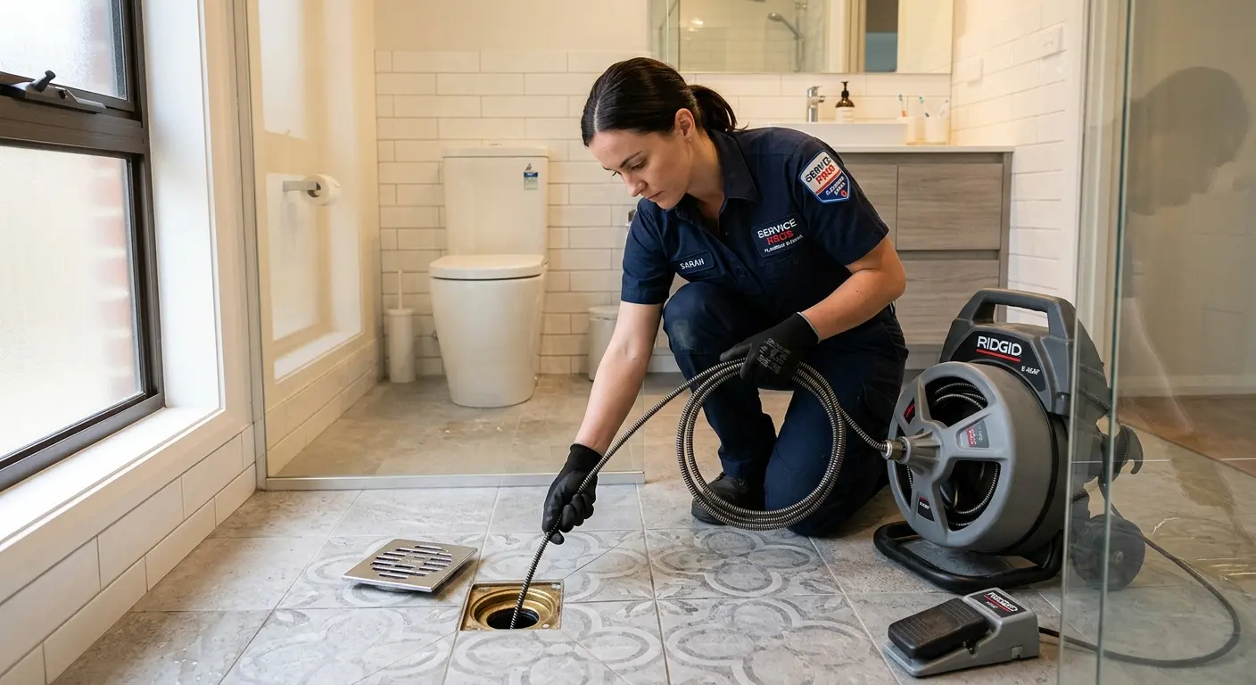 Technician clearing a bathroom floor drain for Hydro Jetting in Manlius